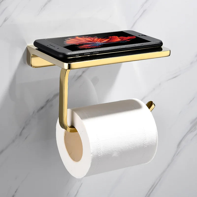 Stainless Steel Gold Bathroom & Kitchen Paper Holder with Shelf Gold Toilet Tissue Storage Rack
