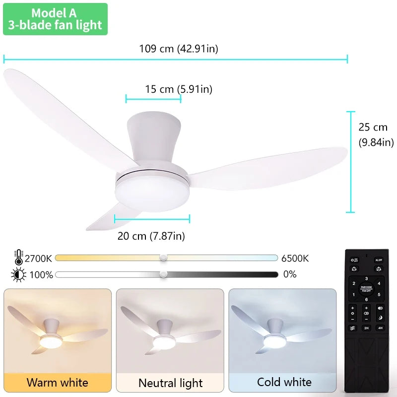 Modern Home Remodeling DC Motor Big 3/6 Blades Iron ABS 42-Inch Remote APP Control Timing Set LED Ceiling Fan with Light
