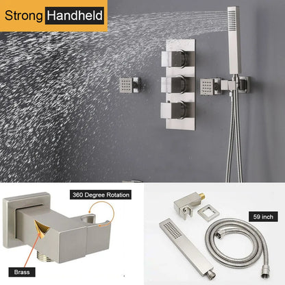 16-Inch Polished Brass Wall Mount Thermostatic Faucet Set with Slide Bar Soft Jet Rain Shower System
