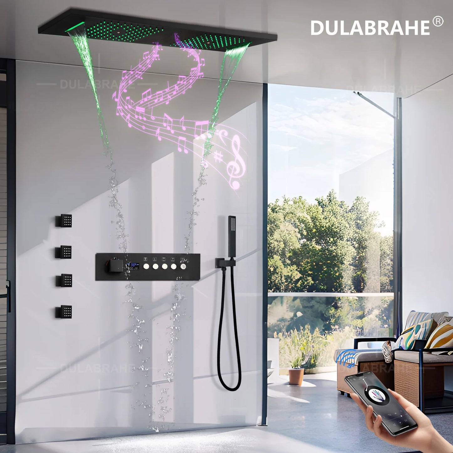 Ceiling Rain Shower Matte Black Modern LED Music Shower Set 36*12inch  Bathroom Thermostatic Digital Smart Mixed System