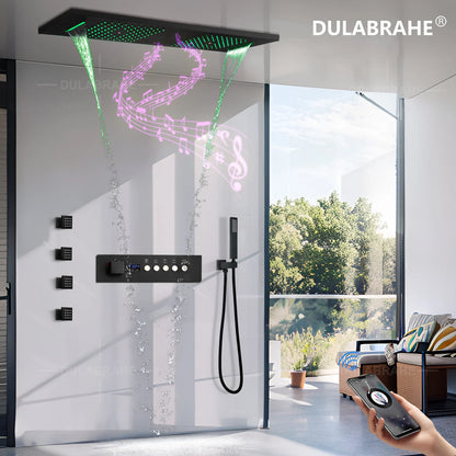 Ceiling Rain Shower Matte Black Modern LED Music Shower Set 36*12inch  Bathroom Thermostatic Digital Smart Mixed System