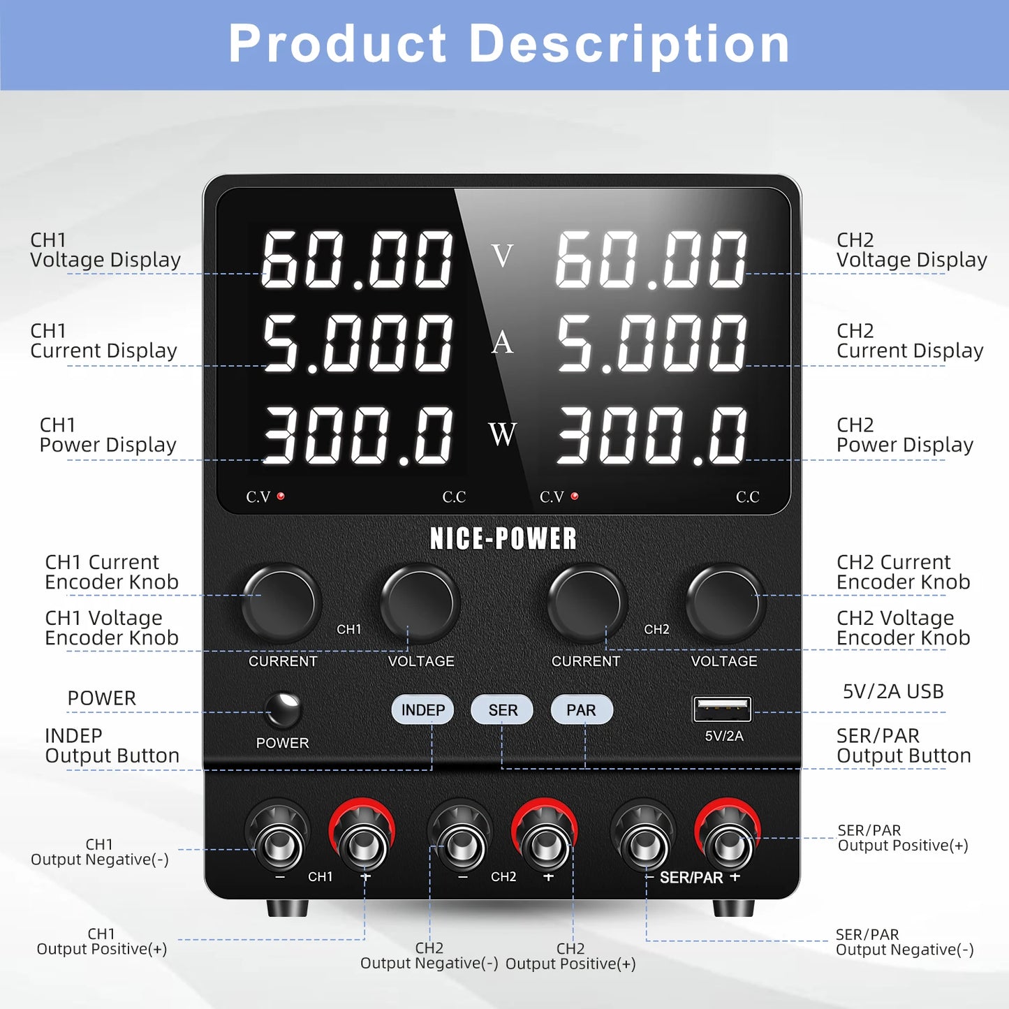 NICE POWER SPS605-2KD  DC Regulated Switching Power Supply 60V 10A 120V 5A 600W Adjustable Dual Channel Lab Digital Power Supply