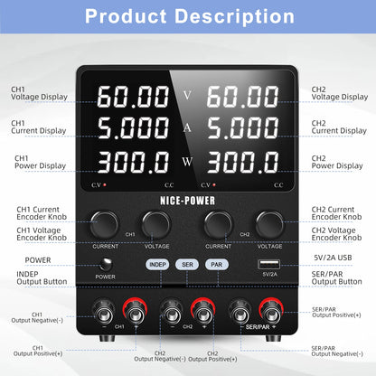 NICE POWER SPS605-2KD  DC Regulated Switching Power Supply 60V 10A 120V 5A 600W Adjustable Dual Channel Lab Digital Power Supply