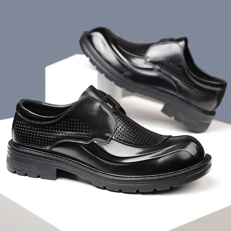 Leather Slip-On Men's Summer Shoes Round Toe Breathable Perforated Thick Sole Business Casual Boat Shoes