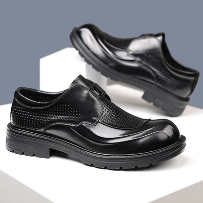 Leather Slip-On Men's Summer Shoes Round Toe Breathable Perforated Thick Sole Business Casual Boat Shoes