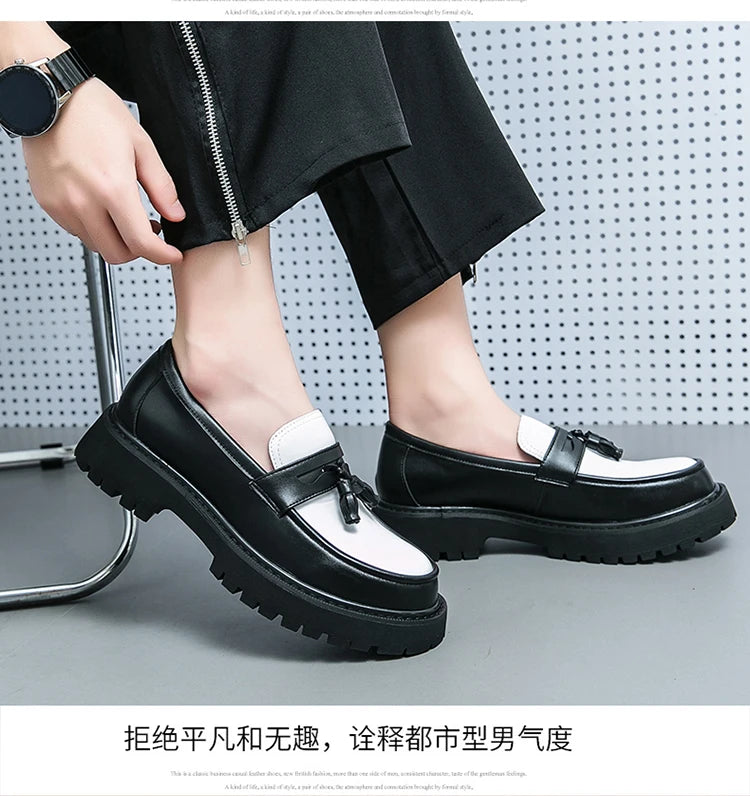 Thick Sole Classy Men Dress Shoes Black+White Color Handsome Wedding Tassels Loafer Shoes for Men