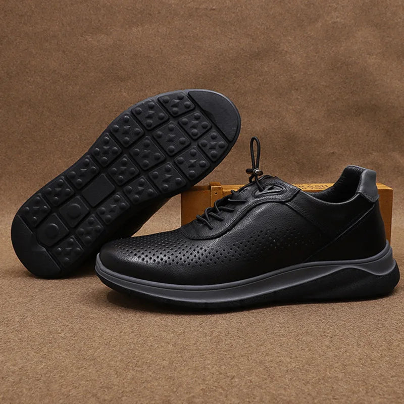 Men's Breathable Genuine Leather Walking Shoes Round Toe Lace-up Rubber Outsole Mesh Lining Summer Casual Shoes