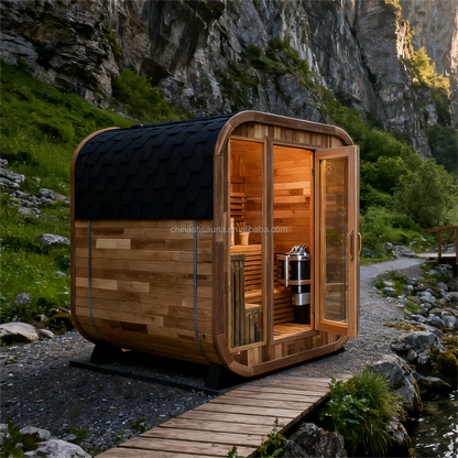 In Stock Canadian Spliced Red Cedar Traditional Large Cube Outdoor Sauna With 8mm Tempered Glass Garden Multi Person Health Spa