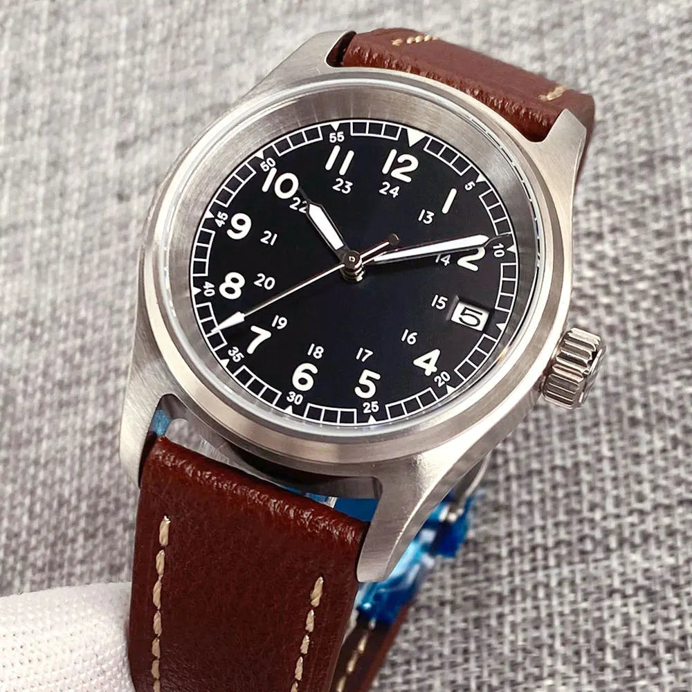 36mm Tandorio NH35 Automatic Men Watch Diver Movt 20Bar Waterproof Wristwatch Big Crown Leather Band Men's Wristwatch