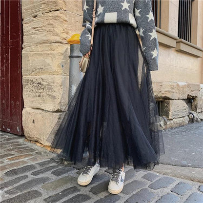 TingYiLi Elegant Tulle Skirt Autumn Winter Big Swing Women Skirt Korean Cute Pink Green Gray Blue Brown Black Long Skirt Tutu