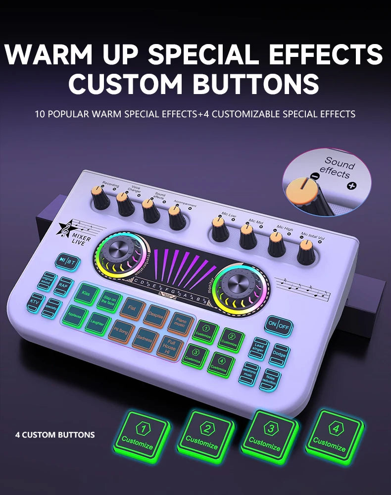 Audio PC USB Studio Recorder Music Sound Card K300 Live Audio Mixer Interface Sound Board with Multiple DJ Effects for Streaming