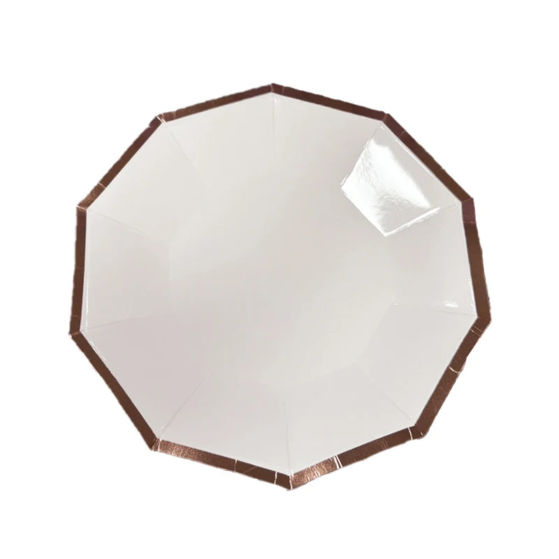 Eco-friendly Decagon Paper Plates Couples Birthday Party Food Safe Rose Gold Foil Trim Edge White Dinner Tableware Supplies