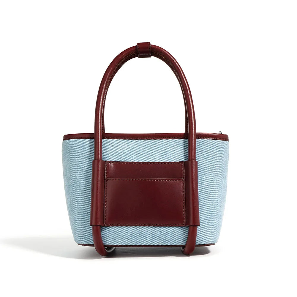 Genuine Leather and Denim Tone Bucket Bag Blue Wine Red Contrast Color Handbag Top Zipper Closure Multi Pocket Purse for Daily