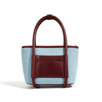 Genuine Leather and Denim Tone Bucket Bag Blue Wine Red Contrast Color Handbag Top Zipper Closure Multi Pocket Purse for Daily