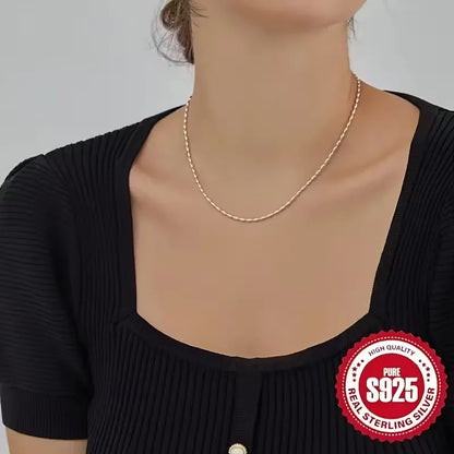 Lanshang S925 Sterling Silver Necklace for Women Olive Oval Beads Fine Chains Necklaces Beaded Design
