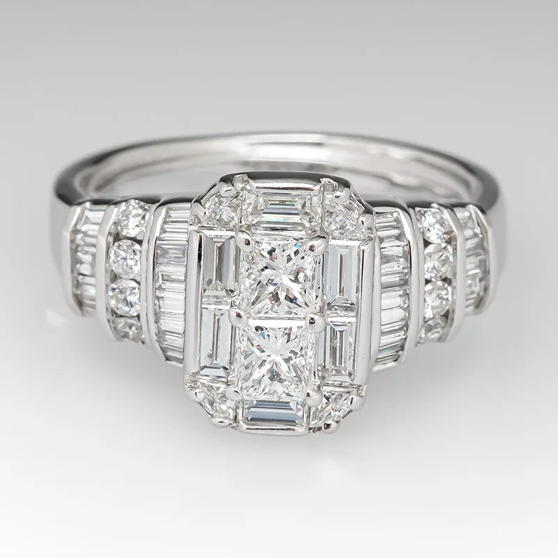 Rectangular Step Cut Womens Ring with Baguette Side Stones Elegant Fashion Jewelry
