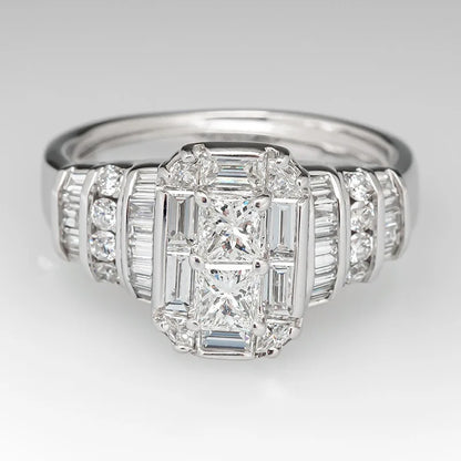Rectangular Step Cut Womens Ring with Baguette Side Stones Elegant Fashion Jewelry