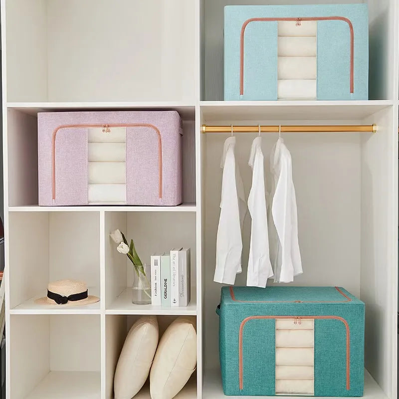 Foldable Clothes Storage Box Capacity Stackable Storage Bag with Metal Frame Dustproof Storage Box with Zipper for Home Room