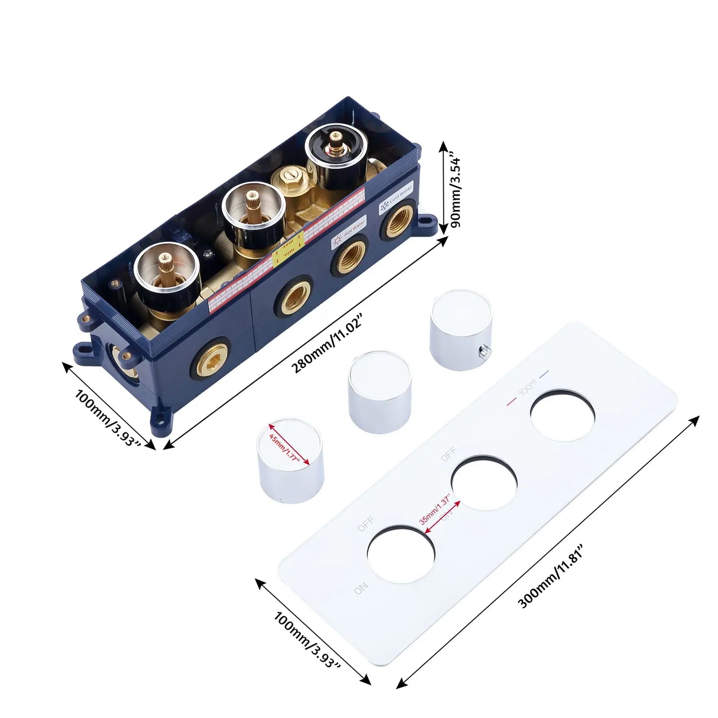 2-Way Shower Diverter Thermostatic Valve 3-Handle Multi-Function Brass Construction Tempered Glass Panel Hotel Polished Modern