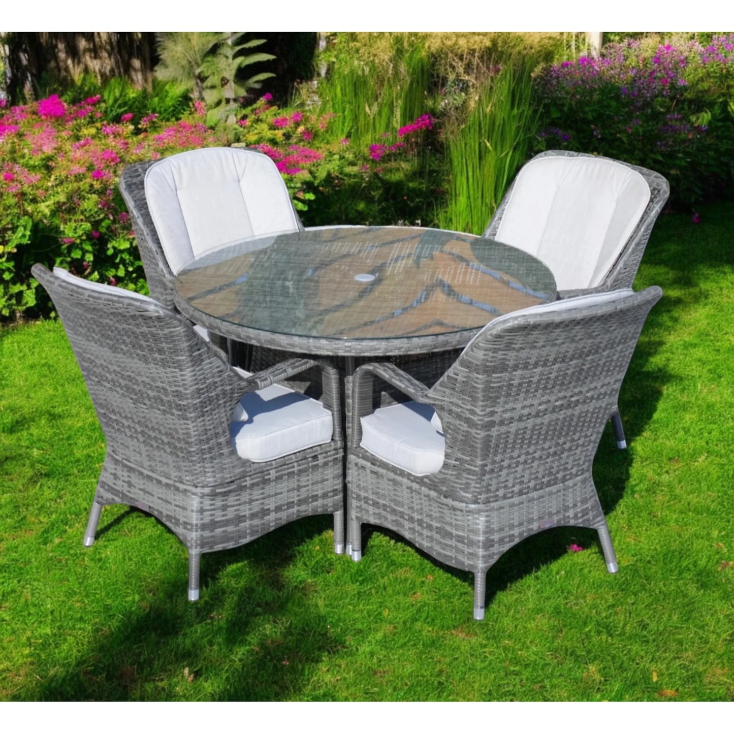 HMS Five-Piece Extendable Dining Set Modern Round Gray Glass Wood for Kitchen Living Room Hotel or Outdoor Home Furniture