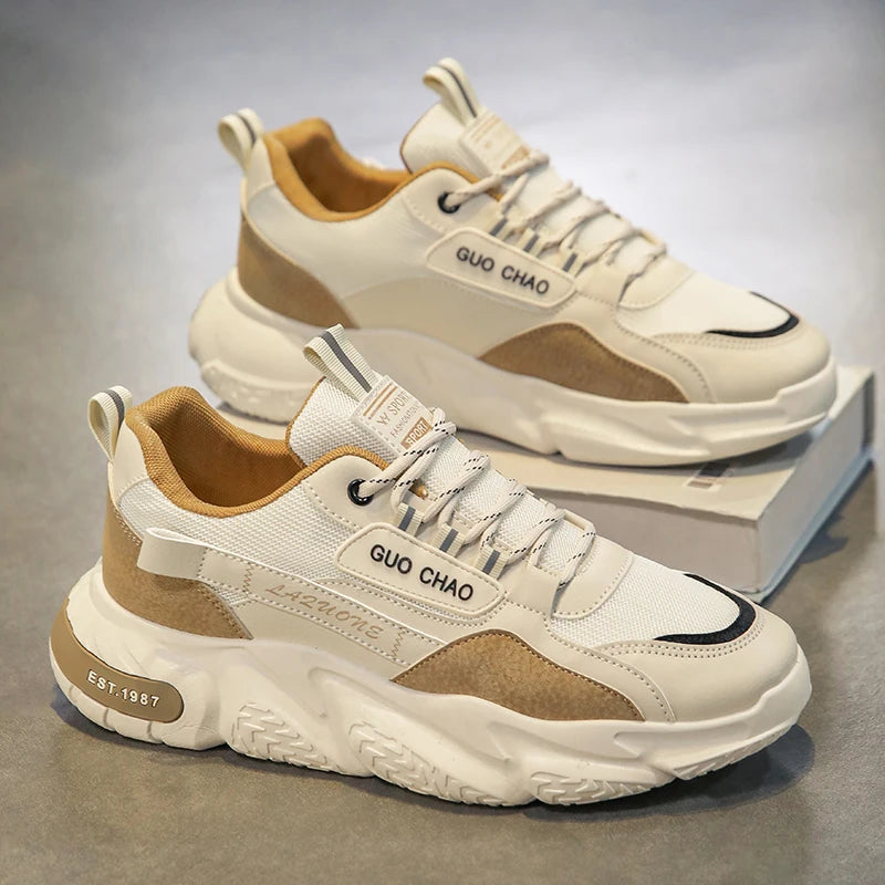 Men's Casual High-Top Sport Sneakers Microfiber Leather Upper Large Dad PU Rubber Sole Waterproof Breathable Mesh for Summer