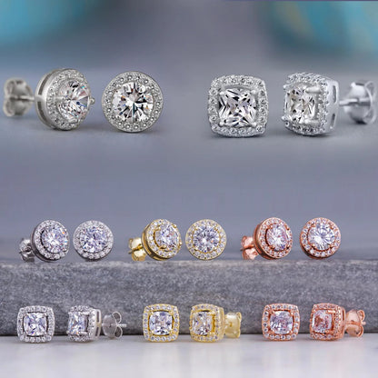 Classic Geometric Square Stud Earrings with Round Zircon Inlay Gold Plated Zinc Alloy Unisex Jewelry Gift Women Men