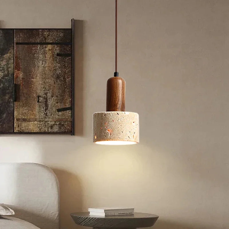 Wabi Sabi Decor Walnut Bedside Hotel Pendant Light Yellow Travertine Stone Chandelier for Dining Table Kitchen Island Restaurant