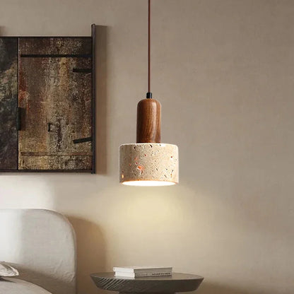 Wabi Sabi Decor Walnut Bedside Hotel Pendant Light Yellow Travertine Stone Chandelier for Dining Table Kitchen Island Restaurant