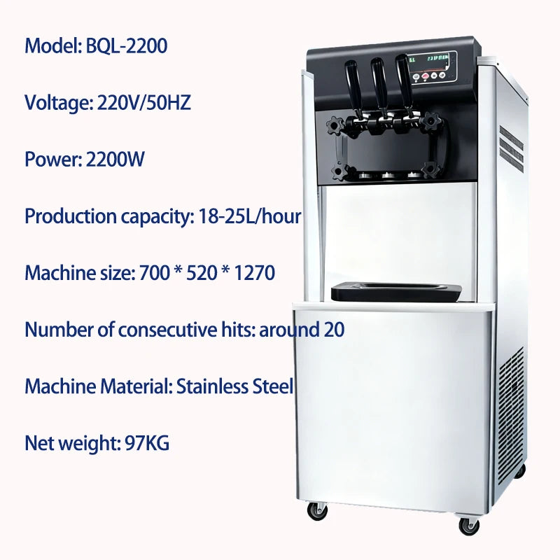 Commercial Soft Serve Ice Cream Machine 3 Flavors Milk ISO CE Certified Easy Operate Extended Evaporator Restaurant Factory
