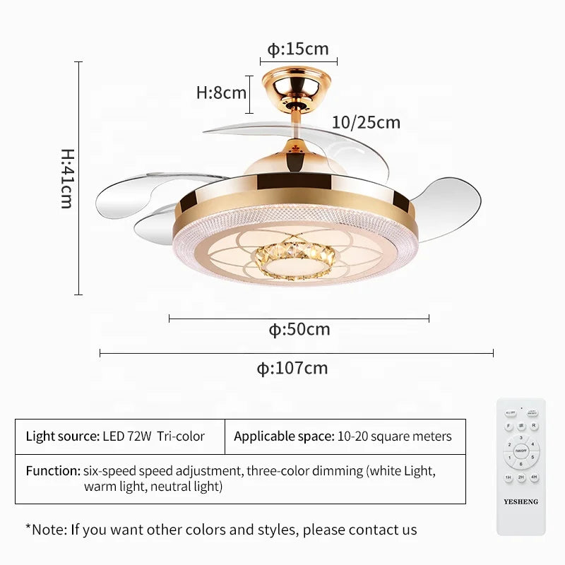 Y040 Wholesale Luxury Crystal Ceiling Fans Remote Control 42inch Invisible Crystal Ceiling Fan Retractable Ceiling Fan