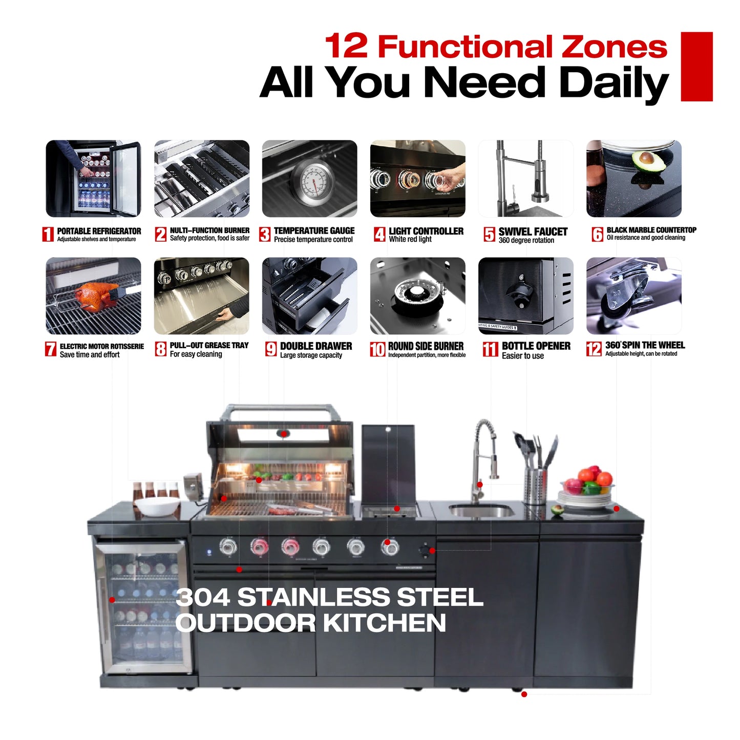 Stock in USA Modern Black 304 Stainless Steel Mobile Gas Grill Bbq Modular Outdoor Kitchen Island for Patio