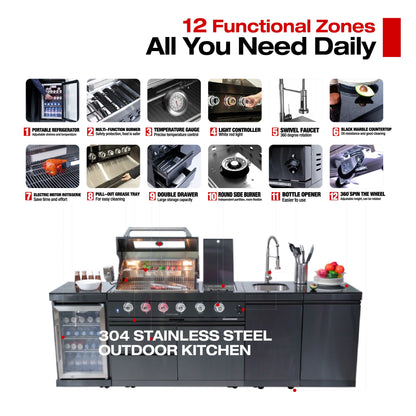 Stock in USA Modern Black 304 Stainless Steel Mobile Gas Grill Bbq Modular Outdoor Kitchen Island for Patio