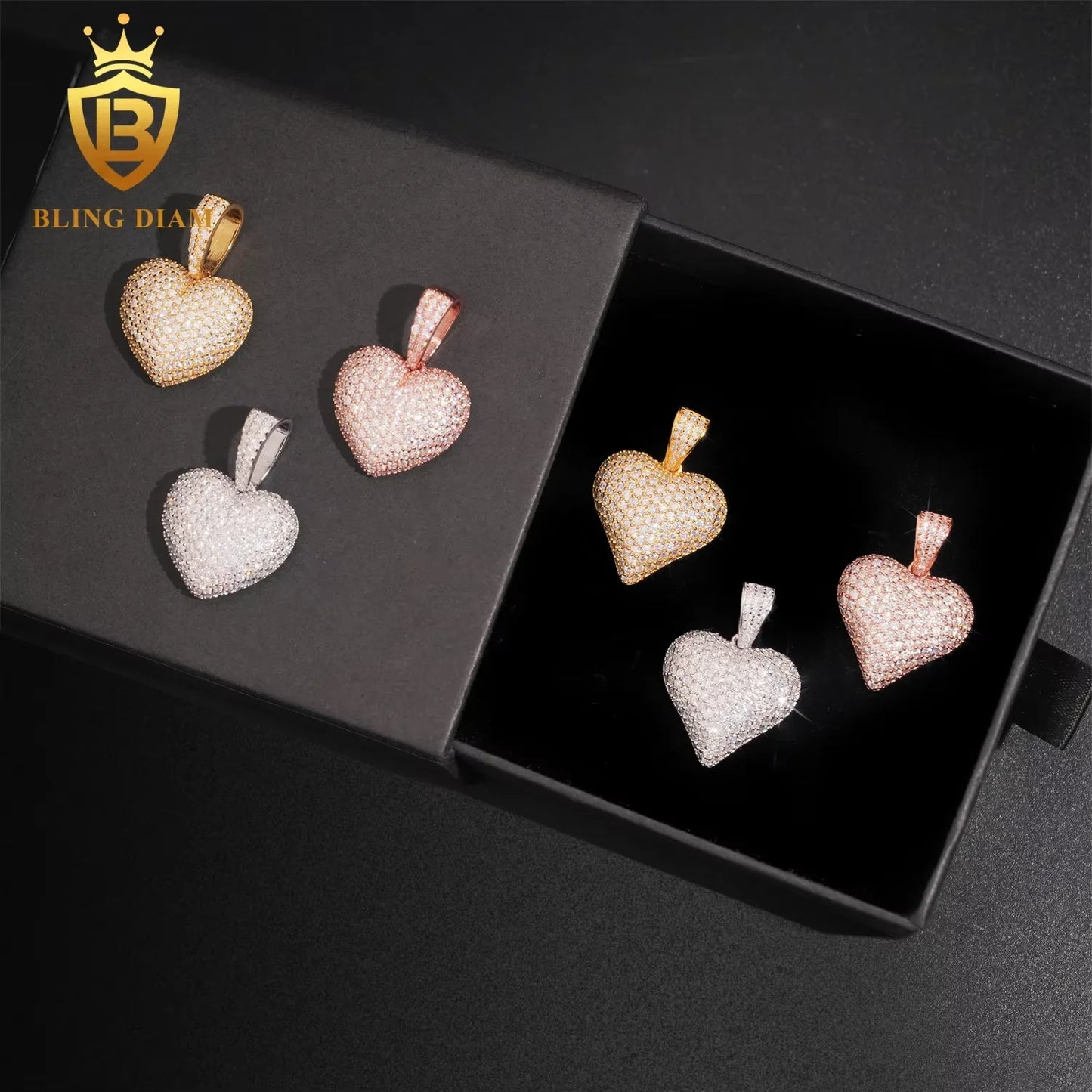 USA Stock  New Arrivals Hip Hop Moissanite Jewelry 925 Sterling Silver Gold Plated Iced Out Heart Pendant Men Women