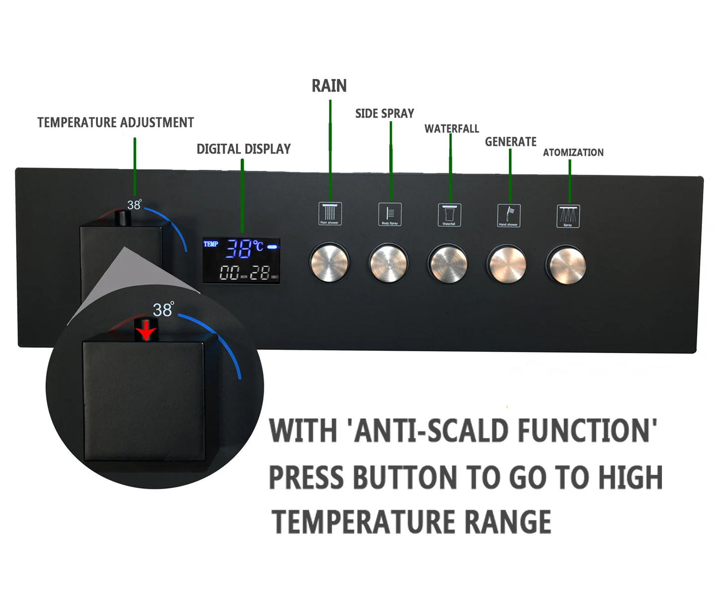 Ceiling Rain Shower Matte Black Modern LED Music Shower Set 36*12inch  Bathroom Thermostatic Digital Smart Mixed System