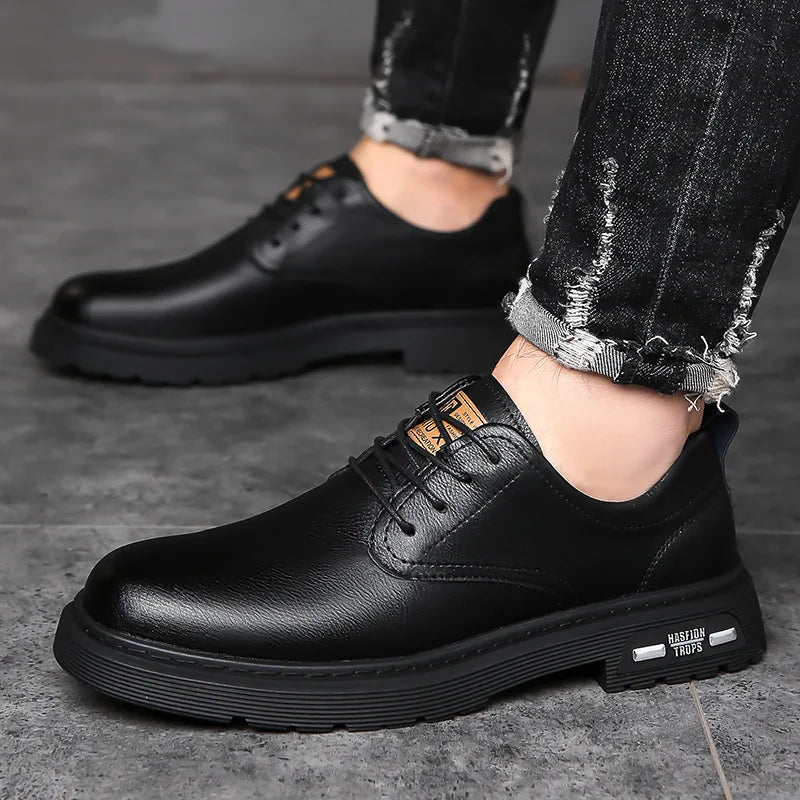 Men's British Style Leather Loafers Round Toe Anti Slip Rubber Sole Spring Casual Dress Shoes
