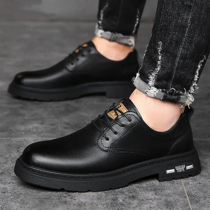 Men's British Style Leather Loafers Round Toe Anti Slip Rubber Sole Spring Casual Dress Shoes