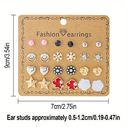 84Pairs Multi-style Stud Earrings for Women, Elegant Butterfly Strawberry Heart Daisy Flower Earrings, Multiple Month Design