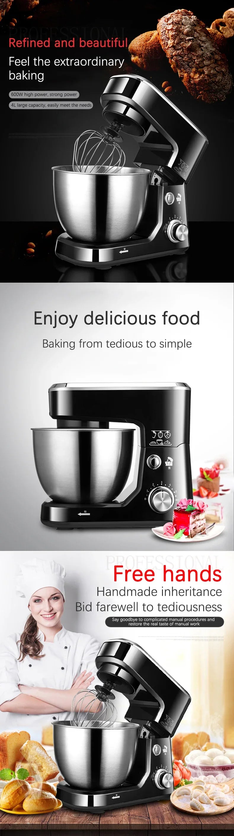 AC220-240V 50-60HZ 600W POWER 4L bowl Powerful home use mini food mixer hand mixer stand mixer Polupar Dough Cream Mixer muliuse