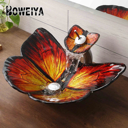 Deluxe Blue Art butterfly Tempered Glass Table Top Wash Basin for Public Toilet Family Bathroom Hotel Shower Room Sinks