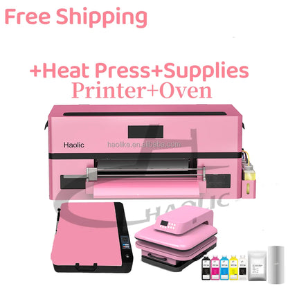 New Haolic Automatic Pink A3 DTF Printer XP600 Printheads 13 Inch PET Film Heat Transfer Fabric Printing Machine Women's Shirt