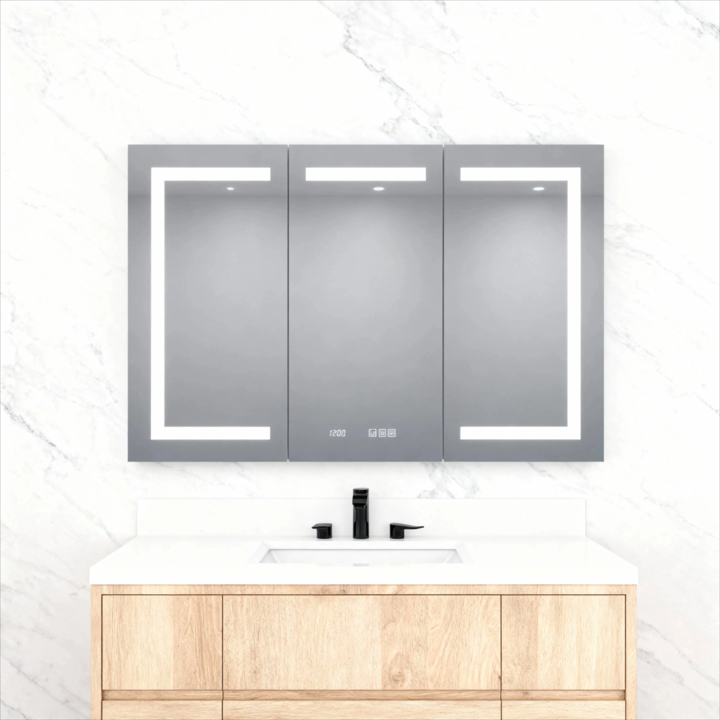 48" X 30" Silver Aluminum Rectangular LED Medicine Cabinet with Clock, Recessed or Surface Mount