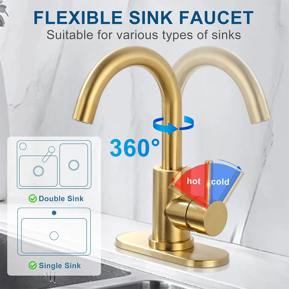 Modern Bar Sink Faucet Single-Handle Gold Mini Kitchen Faucet, 1 Hole Wet Bar Sink Faucets with Deck Plate for bar RV Laundry
