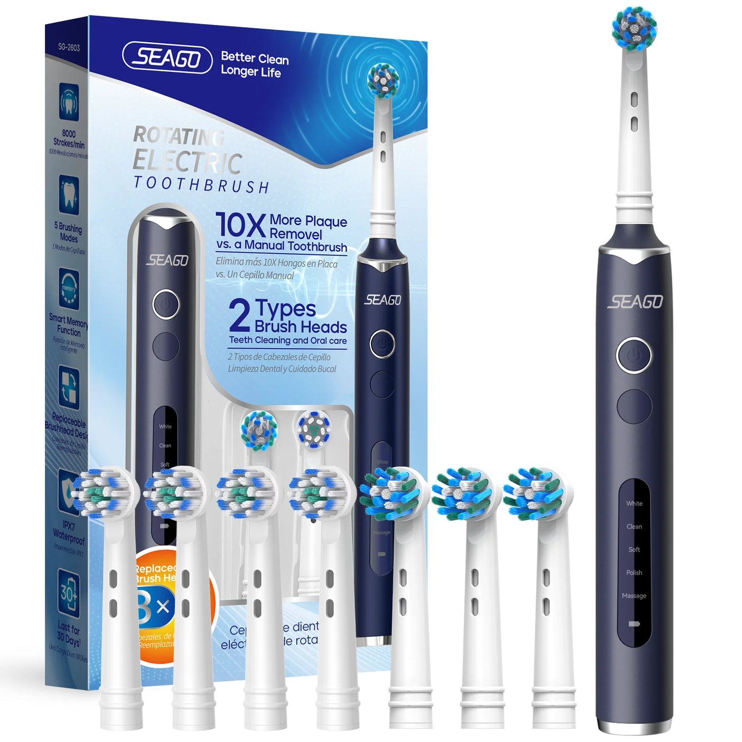SEAGO Rotating Electric Toothbrush 30 Days Lasting Adults Smart Tooth Brush 8000 Strokes/Min 700mAh Lithium Battery IPX7 SG2603