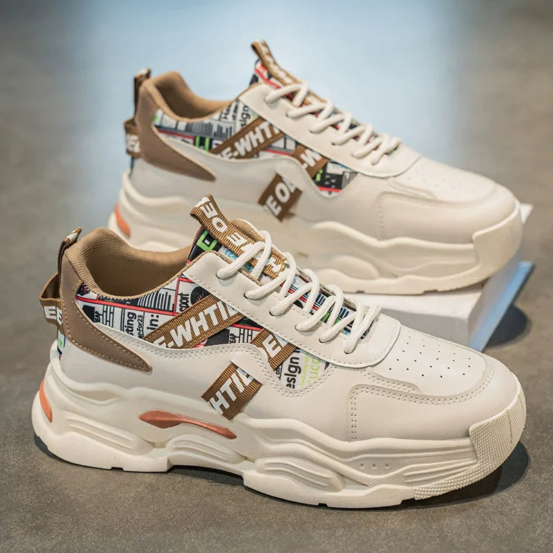 Spring Men's New Breathable White Shoes, Men's Trendy and Versatile Thick Soled Sports Shoes, Casual Dad Shoes