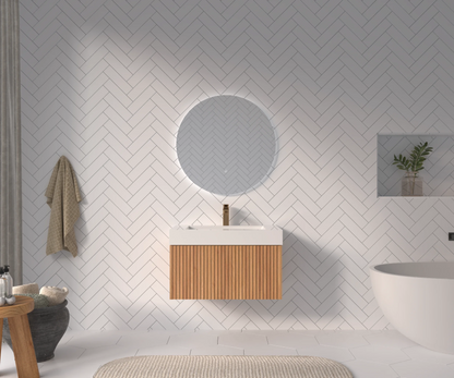 30 Inch Acacia Wood Fluted Floating Bathroom Vanity Plywood Solid Wood Integrated Basin US Stock Homein