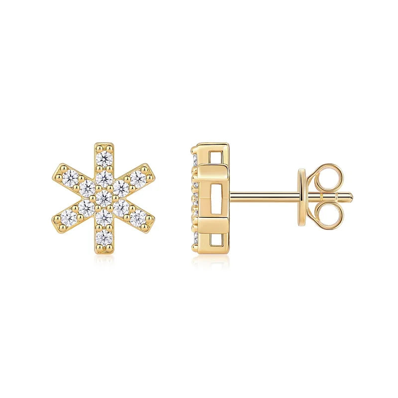 Gold Plated Starburst Stud Earrings with Moissanite Iced Out Minimalist Design for Women