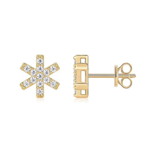 Gold Plated Starburst Stud Earrings with Moissanite Iced Out Minimalist Design for Women