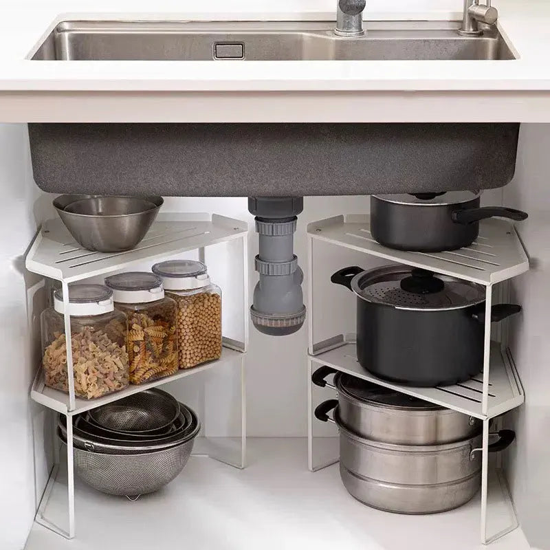 2 Tier Corner Countertop Organizer Stackable Save Space Storage Shelf Pot Spice Rack Under the Sink Holder for Kitchen Bathroom
