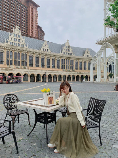 TingYiLi Elegant Tulle Skirt Autumn Winter Big Swing Women Skirt Korean Cute Pink Green Gray Blue Brown Black Long Skirt Tutu