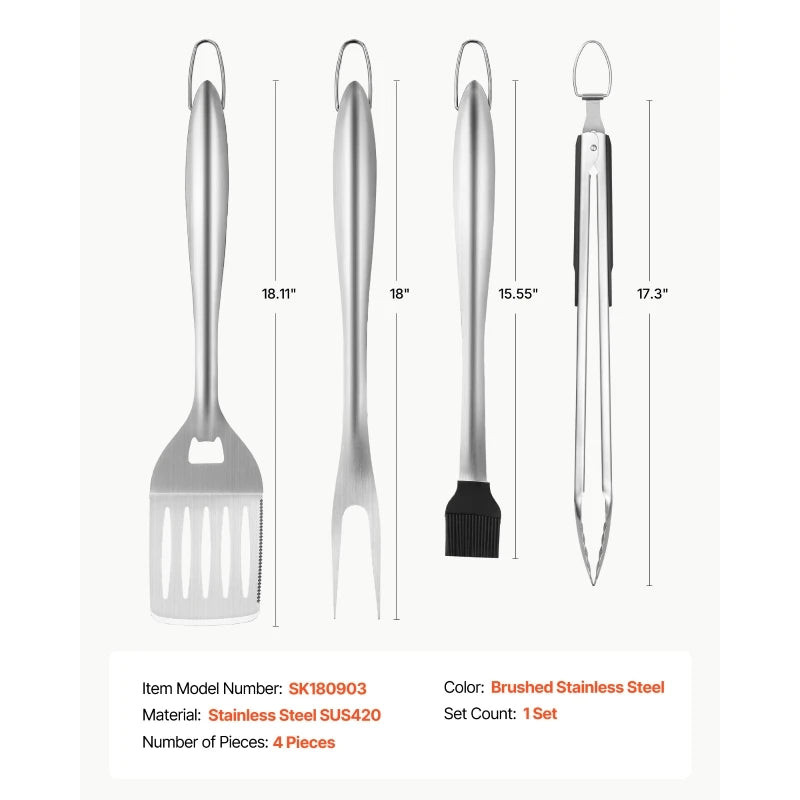 Overseas Stock Free Shipping 4PCS Grilling Tool Set BBQ Grill Accessories Stainless Steel Barbecue Utensil